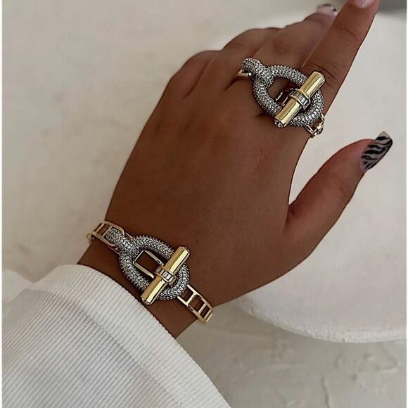 Gold Zircon Bangle Bracelet Two Finger Ring Set Luxury 18K Gold Plated - Picture 12 of 15